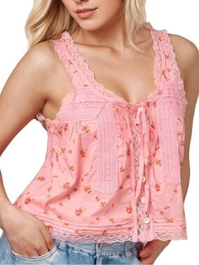 Pink Floral Lace-Trim Tank Top